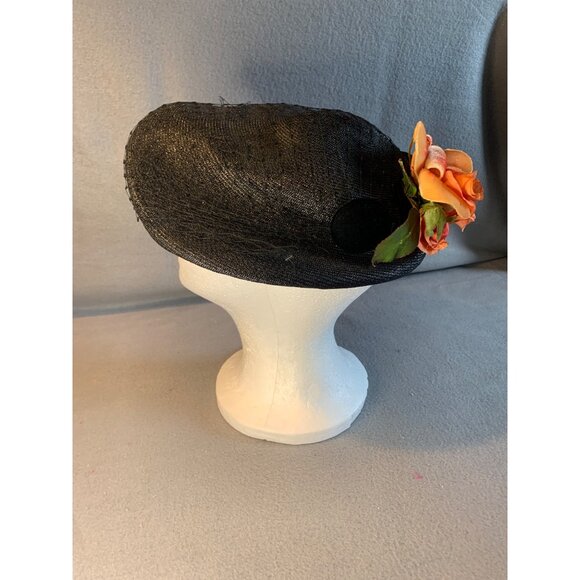 Abramson's Ladies Black Hat with Silk Flower and Velvet Button Vintage - Picture 3 of 10